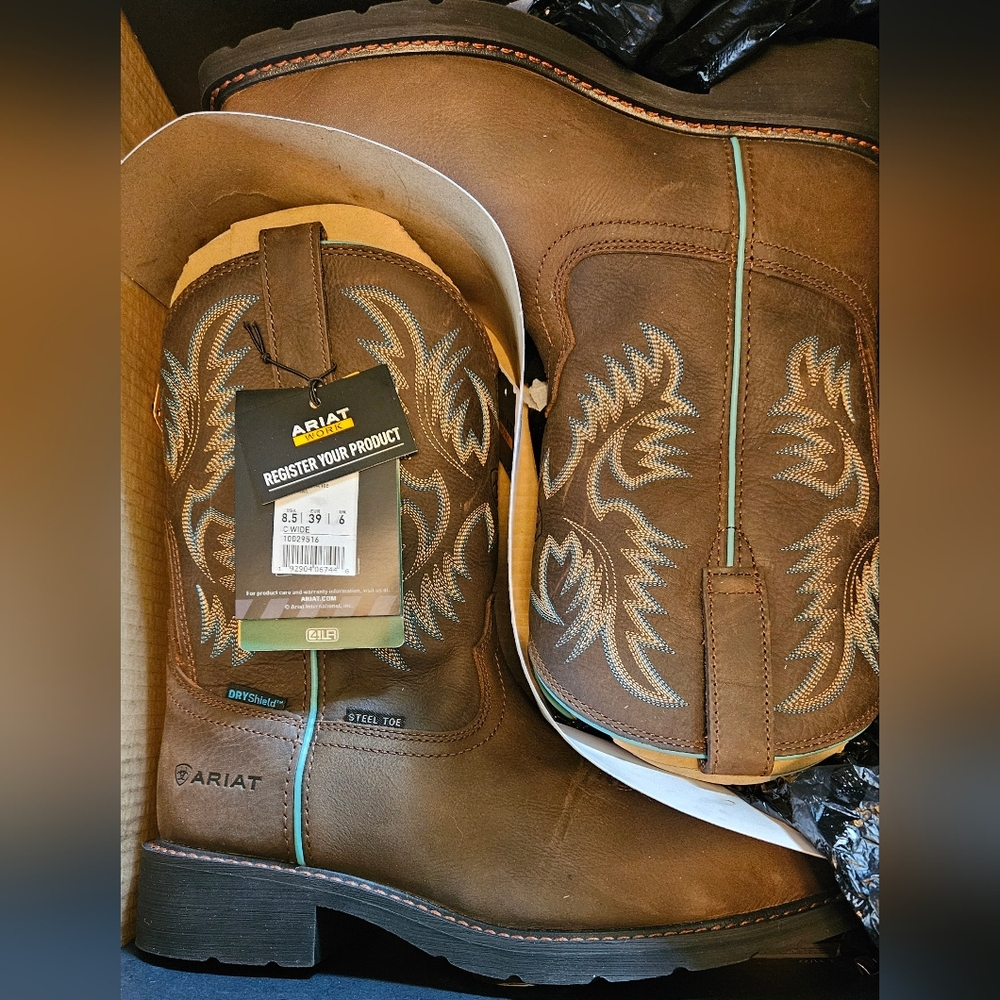 Ariat Brown Western Steel Toe Work Boots with Turquoise/Tan Embroidery Sz 8.5 W